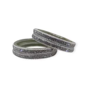 Fancy Beads and Stone Stud Glass Kangan, Pack of 4 Pieces, Silver Color