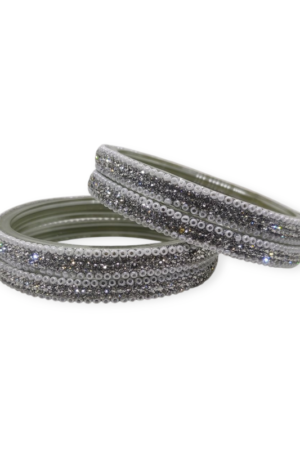 Fancy Beads and Stone Stud Glass Kangan, Pack of 4 Pieces, Silver Color