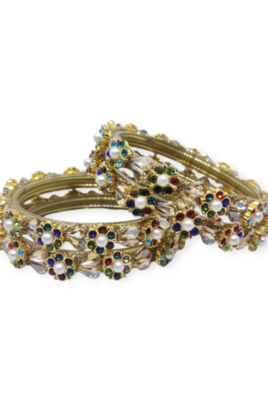 Fancy Beads and Stone Stud Glass Kangan, Pack of 4 Pieces, Golden Color
