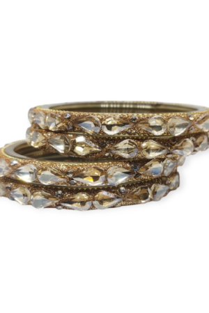Fancy Beads and Stone Stud Glass Kangan, Pack of 4 Pieces, Golden Color
