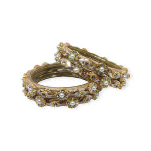 Fancy Beads and Stone Stud Glass Kangan, Pack of 4 Pieces, Golden Color