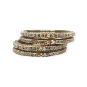 Fancy Beads and Stone Stud Glass Kangan, Pack of 4 Pieces, Golden Color