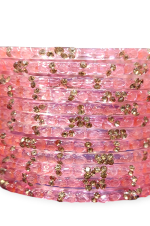 Stone Stud Fancy Glass Bangles, Pack of12 Pieces, Gajri Color