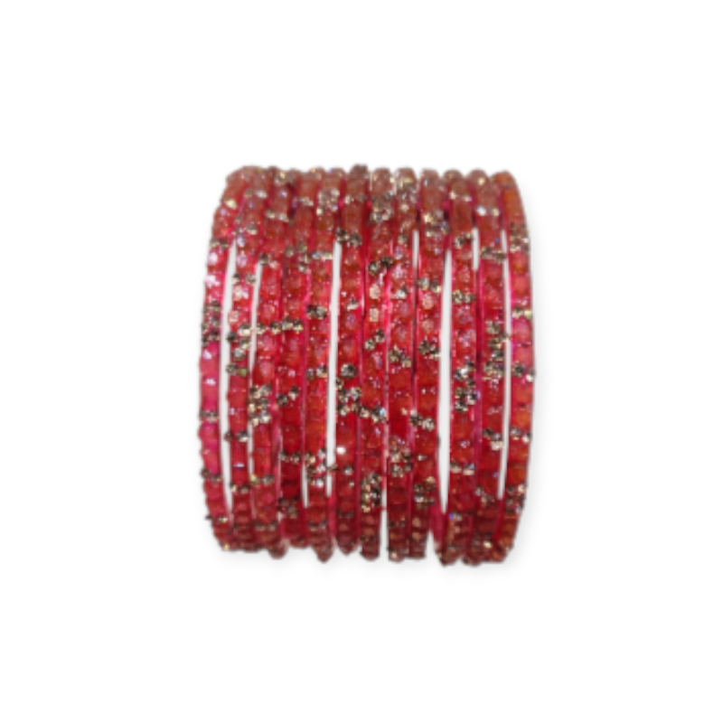 Stone Stud Fancy Glass Bangles, Pack of 12 Pieces, Red Color - Image 2