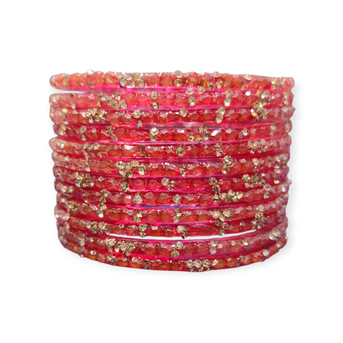 Stone Stud Fancy Glass Bangles, Pack of 12 Pieces, Red Color