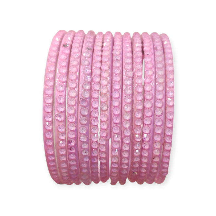 Jelly Stone Stud Fancy Glass Bangles, Pack of 12 Pieces, Pink Color - Image 2