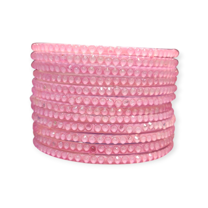 Jelly Stone Stud Fancy Glass Bangles, Pack of 12 Pieces, Pink Color