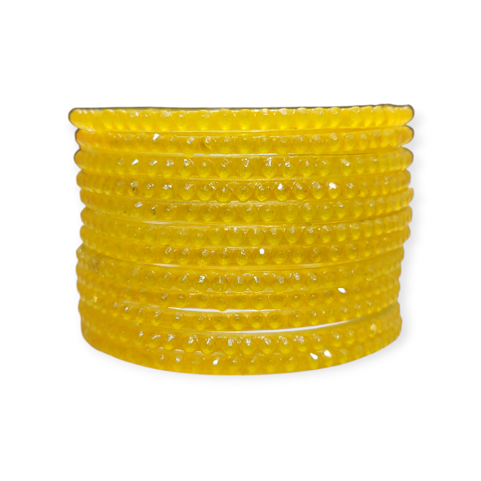 Jelly Stone Stud Fancy Glass Bangles, Pack of 12 Pieces, Yellow Color