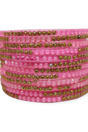 Jelly Stone Stud Fancy Glass Bangles, Pack of 12 Pieces, Baby Pink Color