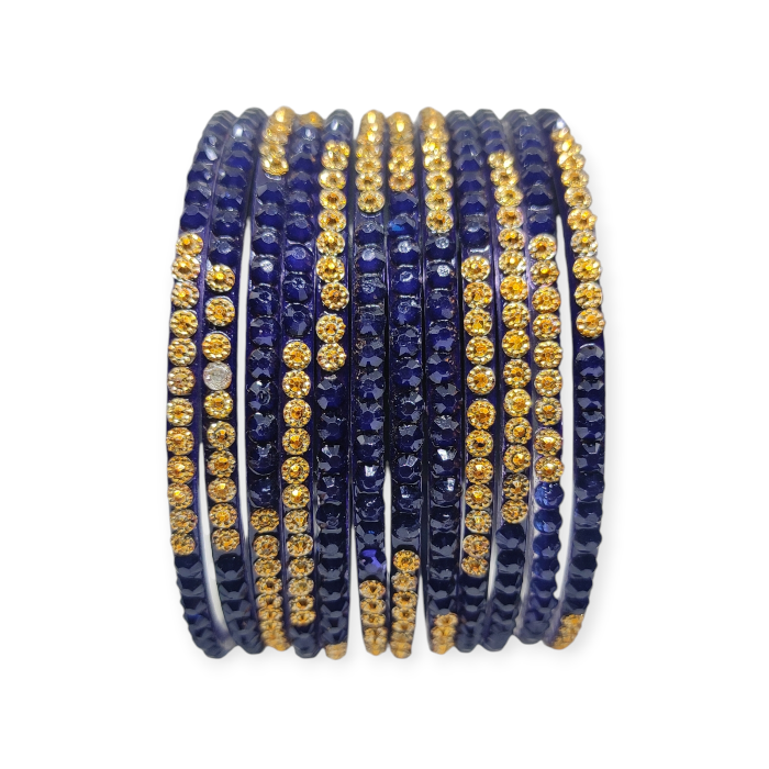 Jelly Stone Stud Fancy Glass Bangles, Pack of 12 Pieces, Navy Blue Color