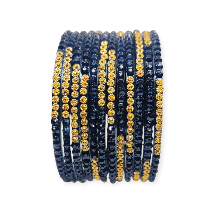 Jelly Stone Stud Fancy Glass Bangles, Pack of 12 Pieces, Morpankhi Color