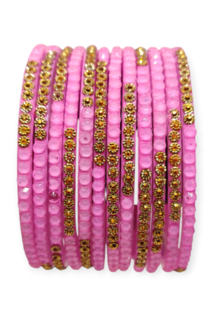 Jelly Stone Stud Fancy Glass Bangles, Pack of 12 Pieces, Pink Color