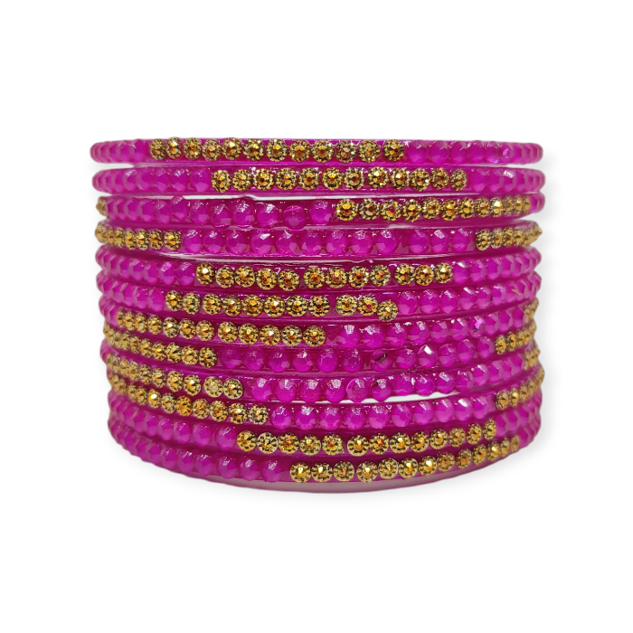 Jelly Stone Stud Fancy Glass Bangles, Pack of 12 Pieces, Rani Color - Image 2