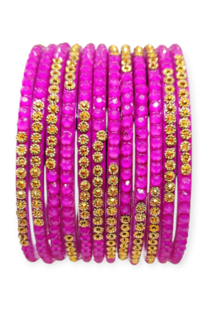 Jelly Stone Stud Fancy Glass Bangles, Pack of 12 Pieces, Rani Color