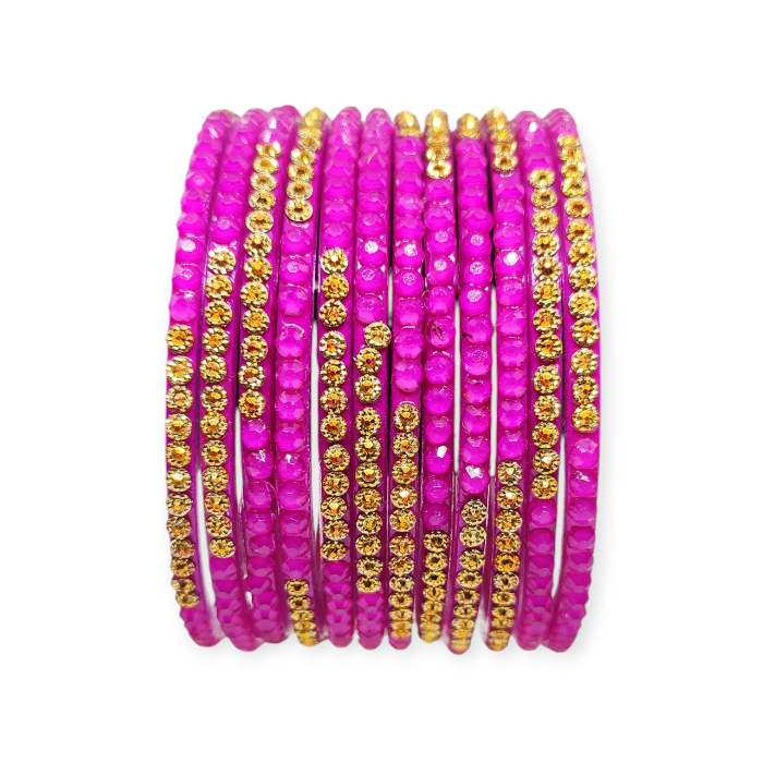 Jelly Stone Stud Fancy Glass Bangles, Pack of 12 Pieces, Rani Color