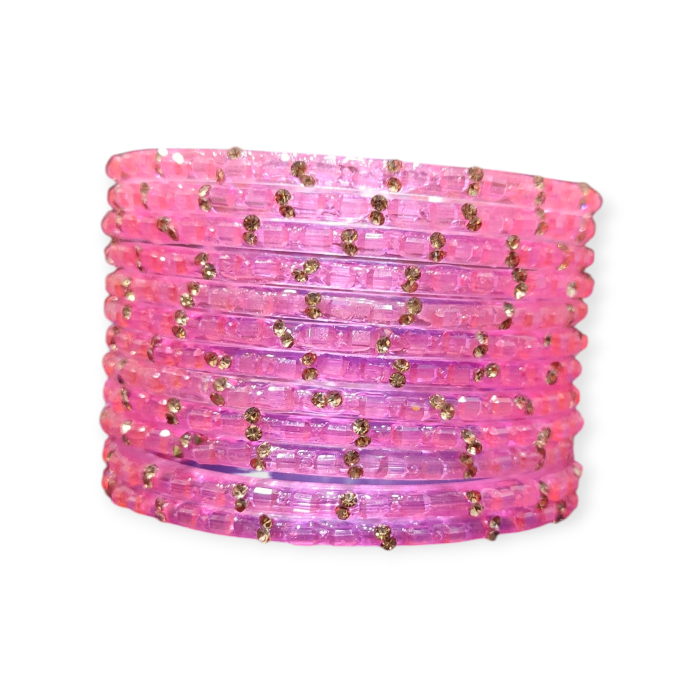 Fancy Stone Stud Fancy Glass Bangles, Pack of 12 Pieces, Pink Color - Image 2