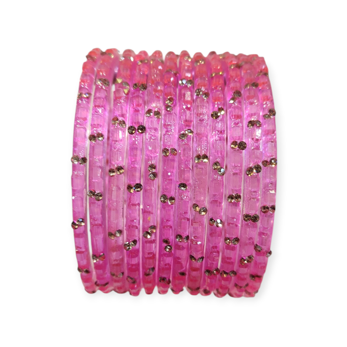 Fancy Stone Stud Fancy Glass Bangles, Pack of 12 Pieces, Pink Color