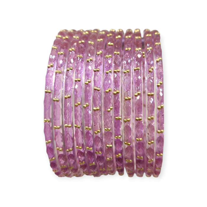 Fancy Stone Stud Raindrop Glass Bangles, Pack of 12 Pieces, Purple Color