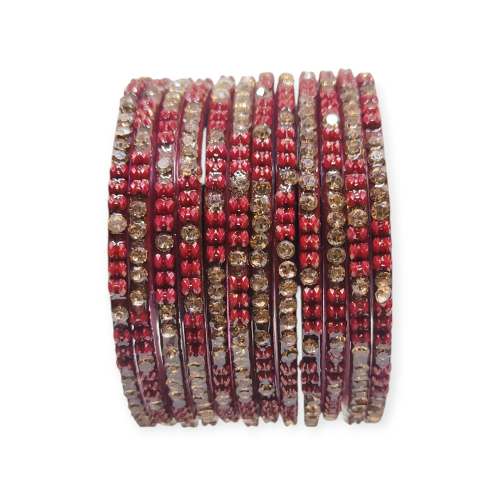 Fancy Stone Stud Glass Bangles, Pack of 12 Pieces, Maroon Color - Image 2