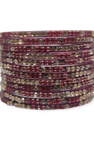 Fancy Stone Stud Glass Bangles, Pack of 12 Pieces, Maroon Color