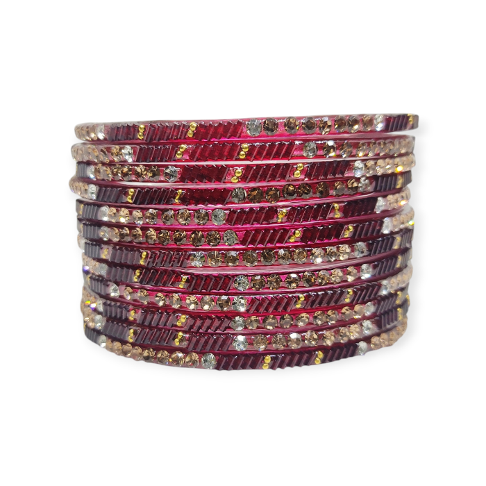 Fancy Stone Stud Glass Bangles, Pack of 12 Pieces, Maroon Color - Image 2