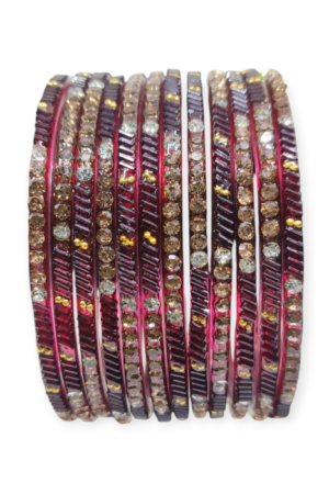 Fancy Stone Stud Glass Bangles, Pack of 12 Pieces, Maroon Color