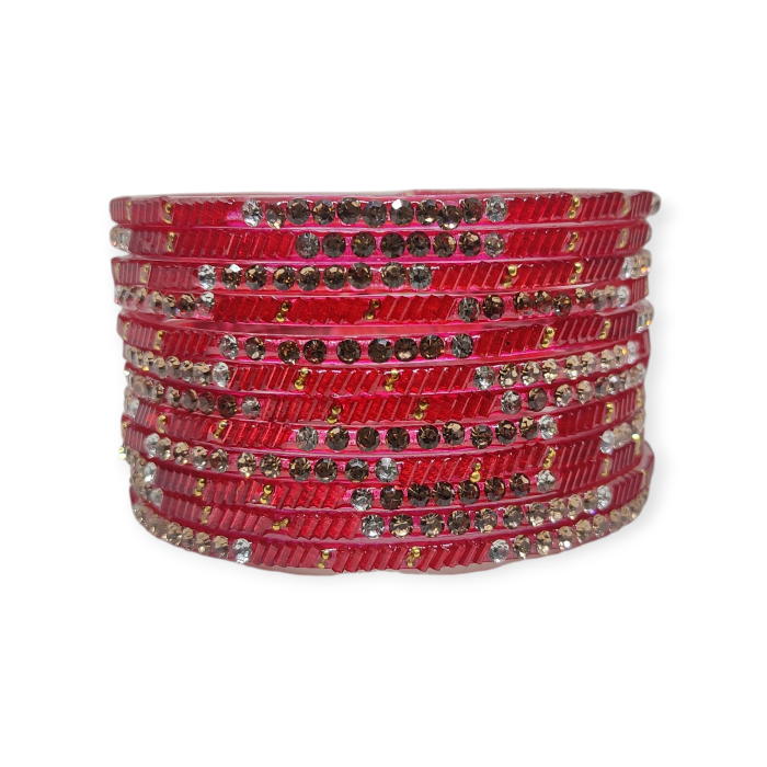 Fancy Stone Stud Glass Bangles, Pack of 12 Pieces, Red Color - Image 2