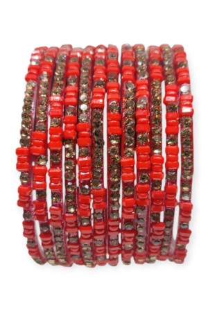Fancy Stone Stud Glass Bangles, Pack of 12 Pieces, Red Color
