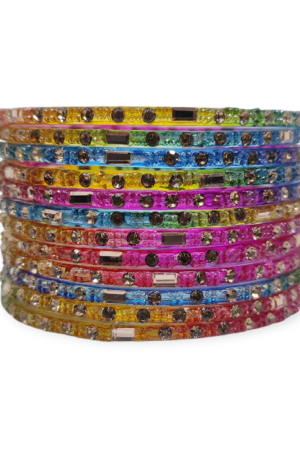 Fancy Stone Stud Glass Bangles, Pack of 12 Pieces, Multi Color