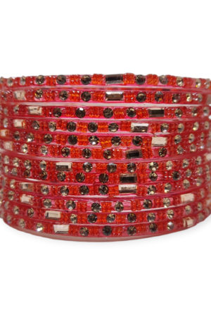 Fancy Stone Stud Glass Bangles, Pack of 12 Pieces, Strawberry Color