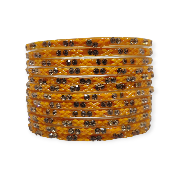 Fancy Stone Stud Glass Bangles, Pack of 12 Pieces, Mango Color