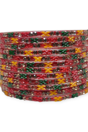 Fancy Stone Stud Glass Bangles, Pack of 12 Pieces, Multi Color