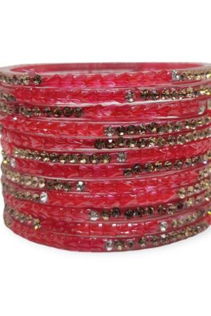 Fancy Stone Stud Glass Bangles, Pack of 12 Pieces, Gajri Color