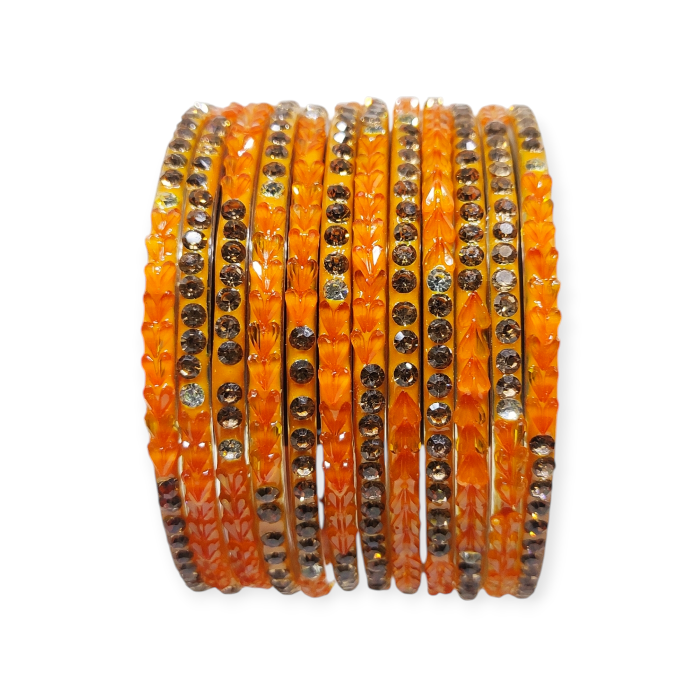 Fancy Stone Stud Glass Bangles, Pack of 12 Pieces, Haldi Color - Image 3