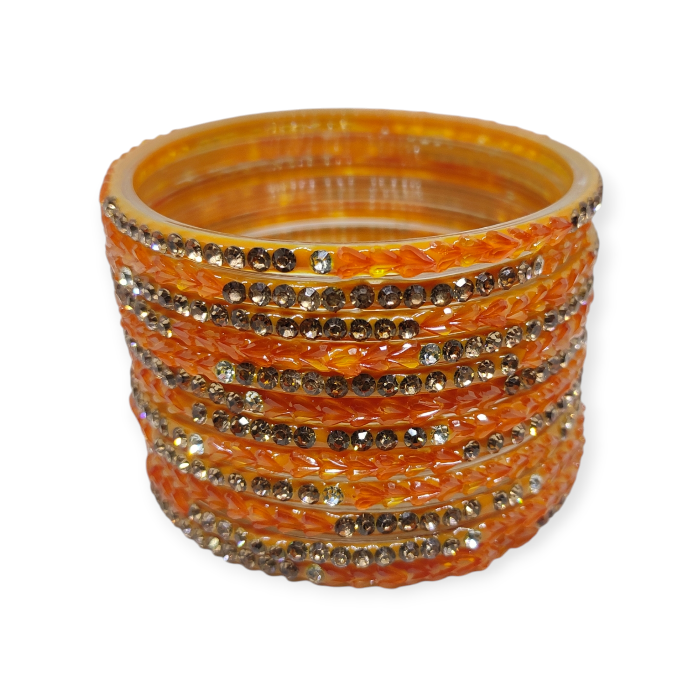 Fancy Stone Stud Glass Bangles, Pack of 12 Pieces, Haldi Color - Image 2