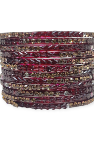 Fancy Stone Stud Glass Bangles, Pack of 12 Pieces, Maroon Color