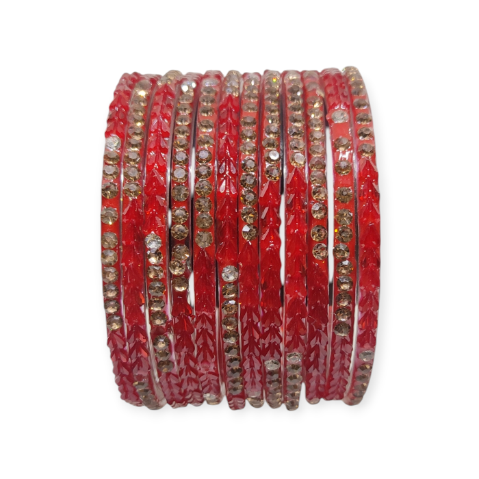 Fancy Stone Stud Glass Bangles, Pack of 12 Pieces, Red Color - Image 3