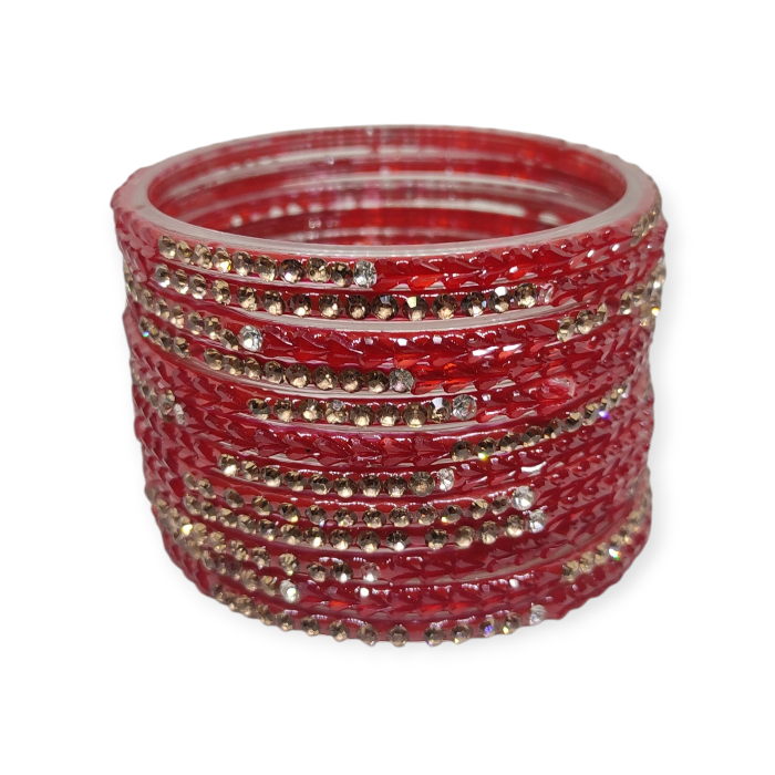 Fancy Stone Stud Glass Bangles, Pack of 12 Pieces, Red Color - Image 2