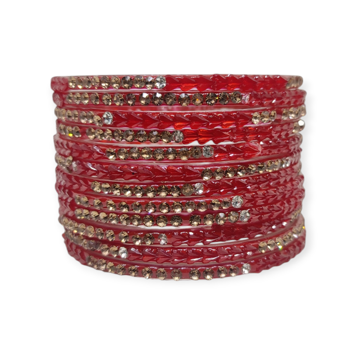 Fancy Stone Stud Glass Bangles, Pack of 12 Pieces, Red Color