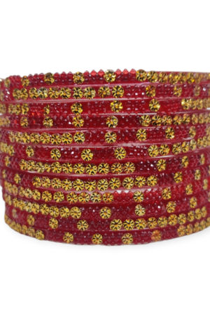 Fancy Beads Stud Glass Bangles, Pack of 12 Pieces, Red Color
