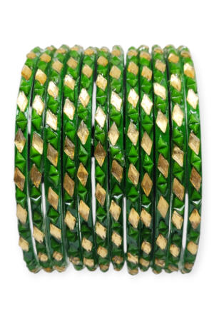 Fancy Beads Stud Glass Bangles, Pack of 12 Pieces, Green Color