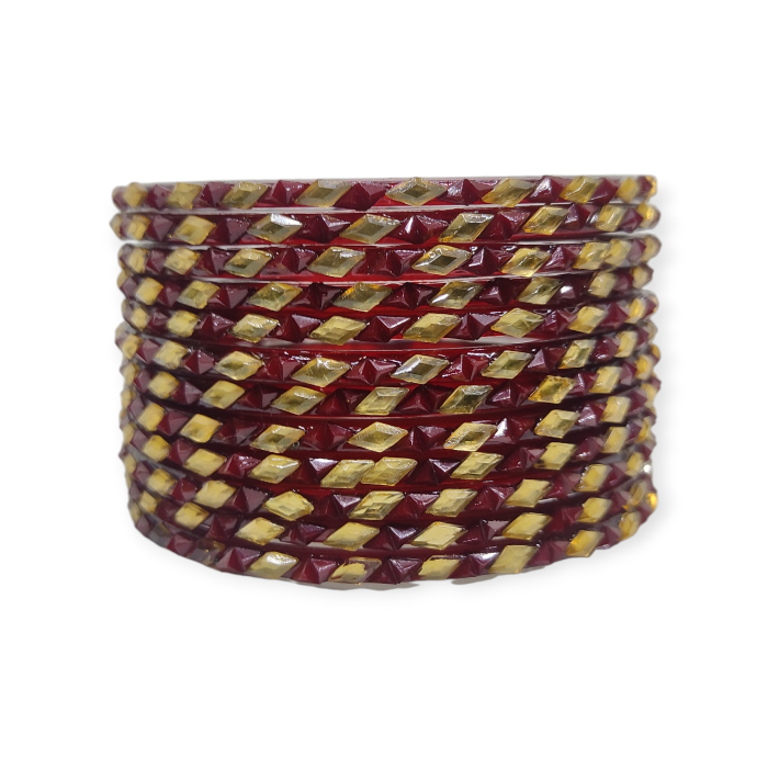 Fancy Beads Stud Glass Bangles, Pack of 12 Pieces, Maroon Color