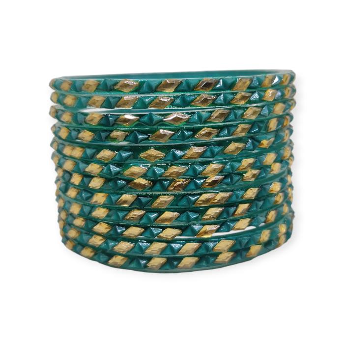 Fancy Beads Stud Glass Bangles, Pack of 12 Pieces, Radium Color