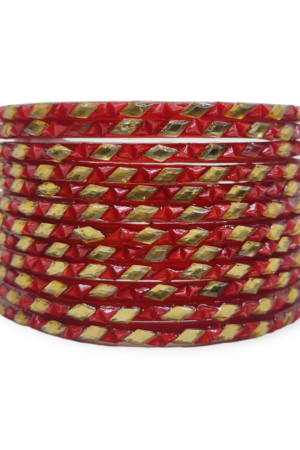 Fancy Beads Stud Glass Bangles, Pack of 12 Pieces, Red Color