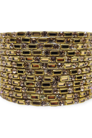 Fancy Kundan Beads and Stone Stud Glass Bangles, Pack of 12 Pieces, Golden Color