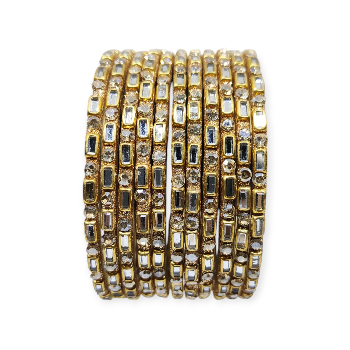 Fancy Kundan Beads and Stone Stud Glass Bangles, Pack of 12 Pieces, Silver Tone