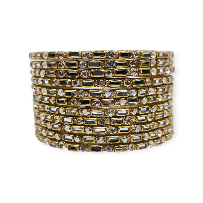 Fancy Kundan Beads and Stone Stud Glass Bangles, Pack of 12 Pieces, Silver Tone - Image 3