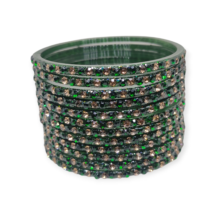 Fancy Stone Stud Glass Bangles, Pack of 12 Pieces, Kai Green Color - Image 2