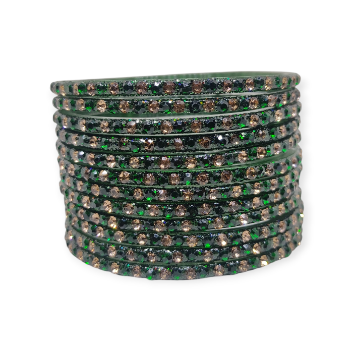Fancy Stone Stud Glass Bangles, Pack of 12 Pieces, Kai Green Color