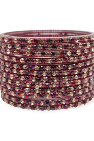 Fancy Stone Stud Glass Bangles, Pack of 12 Pieces, Maroon Color